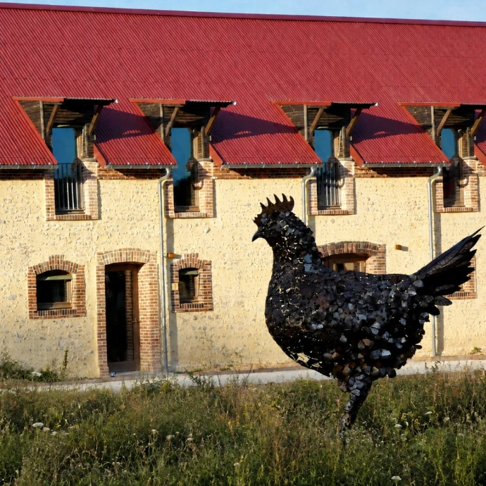 Bâtiment en pierre et briques du Grand Jardin avec sa grande poule sculptée